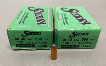 (200) Sierra 30-30 Caliber .308 Diameter 150 Grain Flat Nose Bullets For Reloading