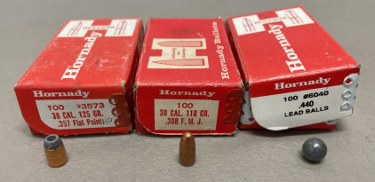 (100) 38 Caliber 125 Grain Bullets For Reloading, (100) 30 Caliber 110 Grain .308 FMJ Bullets For Reloading, (100) Hornady .440 Lead Balls