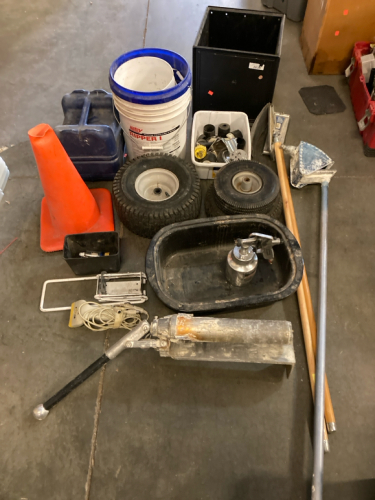 Assorted Hand Tools, Spray gun, Tires, Buckets, Road Cone, Plus more.