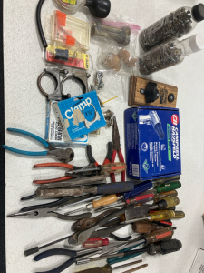 Assorted Hand Tools, Air Hammer, Nuts and Bolts, Hose Clamps