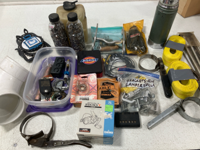 Assorted Household and Shop Goods- Hand Tools, Nuts and Bolts, Strapping, Camper Brackets, Fishing Rod, Thermos, Plus More