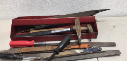 (1) Vintage Red Tool Box, (1) Set of Various Files and Hammers