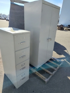 (1) Metal Cabinet with double Doors with Keys 36x72" (1) 4 Drawer Filing Cabinet 15x32"