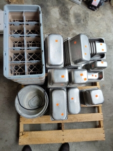 (5) Restaurant Glass Racks (110) Shallow and Deep Well Stainless Steel Pans (1) Electric Soup Well