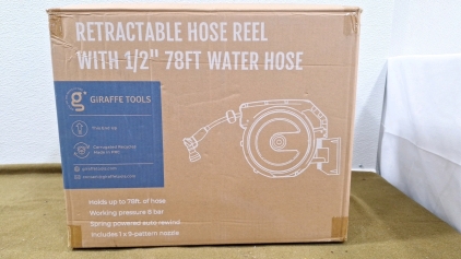 (1) Giraffe Tools Retractable Hose Reel W/ 78' of 1/2" Hose & Sprayer Nozzle