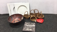 (5) Woven Baskets, Sign, Ceramic Bowl, Plastic Plates