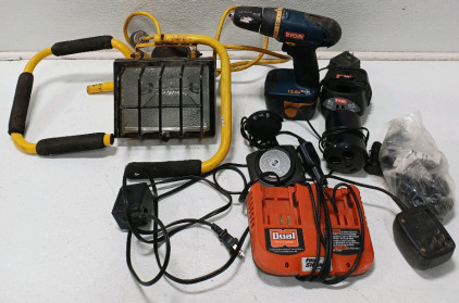 (1) Work Light Turns On (1) Ryobi Cordless Drill w/Charger (1) Duel Battery Charger & More