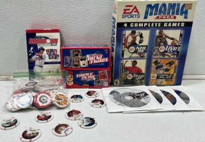 EA Sports Mania 4 Sports Game Pack, 2013 Triple Play Baseball Cards, MLB Showdown 00s Card Game, Bag of Baseball Coins