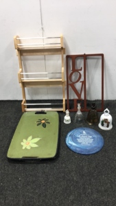 (4) Decorative Glass Bells and Plate, (2) Platters, Sign