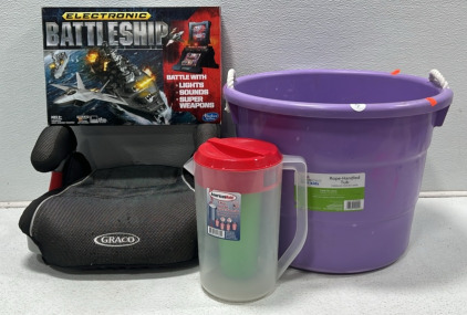 Purple 18in Robe-Handled Tub, Graco Booster Seat, 1-Gallon Pitcher with 2 Cups, Electronic BattleShip Game by Hasbro Gaming