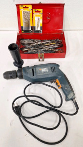 (1) Small Metal Box W/ Assorted Drill Bits & (1) Black & Decker Drill