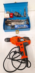 (1) Small Metal Box W/Assorted Bits & (1) Black & Decker Drill