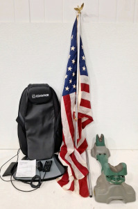 (1) 3'X 5' American Flag W/Pole, (1) Caldwell Rifle Steady Rest & (1) Snailax Shiatsu Massage Cushon