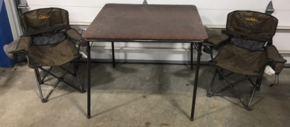 (2) Cabela&rsquo;s Child Camp Chairs, 34&rdquo;x34&rdquo;x28&rdquo; Vinyl Top Foldable Table