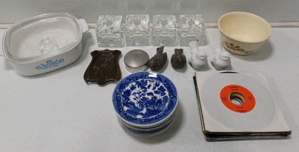 (4) Shannon Crystal Candle Holders (8) Blue Willow 6" Plates (15) Vintage Small Records Including Johnny Mac Bloodrock & More