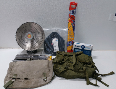 (1) Back Brace (1) Poly Airplane Kite (8) Metal BBQ Skewers (1) US Army Pack (1) Heatdish Powers On & Morr