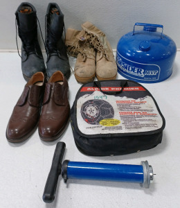 (1) Men's 10.5 Genuine Leather Lining Madden Shoes (1) 11.5 Black Bellville Gortex Boots Tire Chains & More