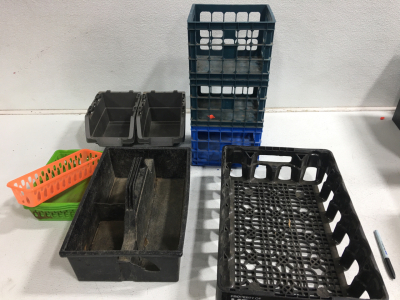3) small stackable crates 5x7x9 7) Various size totes
