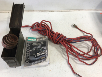 1) Chilton's repair manual 20402 89-96dodge pickups 1) Ammo can with multiple hole saws and dyes, rusty please inspect 1) extension cord, 1 Cut end