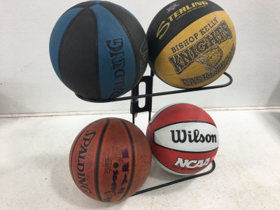 1) Basketball Rack With Wall Mount 4) basketballs, 1 Wilson,1 sterling, 2 Spalding