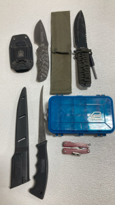 (3) Assorted Outdoor Knives w/ Sheaths, Small Double-Sided Tackle Box, Small Multitool