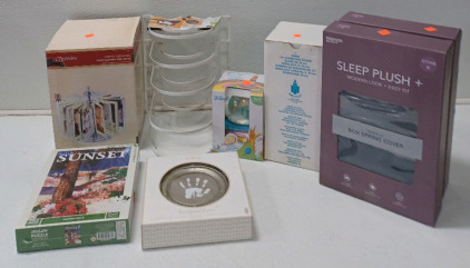 (1) Photo Carousel (1) Pan Organizer (2) Sleep Plush Box Spring Cover (1) Hurricane Shade & More