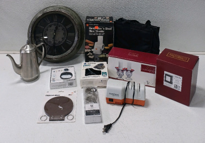 (1) Hand Slicer/Shredder (2) Mikasa Glass Candle Holders (1) iFit Watch (1) Set Of 12 Shower Curtian Hooks & More