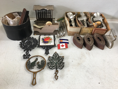 1) 1930s Torrid Toaster 3) Food Grinders 1) Hand Crank Mixer A&J October 1923 Patent 4) Antique Irons, and More