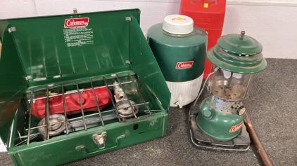 Coleman Burner, Kerosene Lamp, Canteen