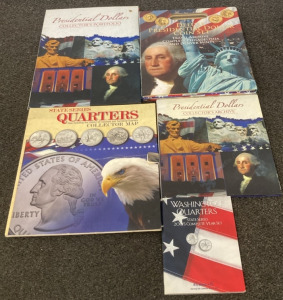 (1) Deluxe Presidential Dollar Coin Set,(1) Presidential Dollar Collectors Portfolio, State Series Quarters Collectors Map,(1) Presidential Dollars Collectors Archive, (1) Washington Quarters State Series 2005 Complete Year Set