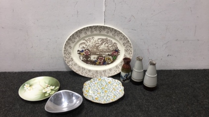 Vintage Serving Plate, (2) Handcrafted Luncheon Plates, (3) Sauki Cases, Vintage handcrafted ashtray
