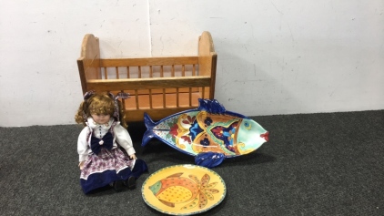 Wooden Cradle, Porcelain Doll, and (2) Plates