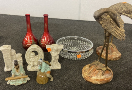 Sarreid Brass Crane Figures , Assorted Glassware