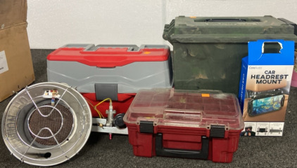 (3) Tackle Boxes , Propane Heatlamp, Car Headrest Mount