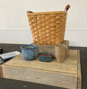 Wicker Basket, Wood Pedestal , Plant Potters