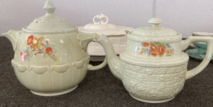 Antique Casserole Dish; (2) Drip-O-Lator Coffee Pots; Oven Serve Bowl; Plates