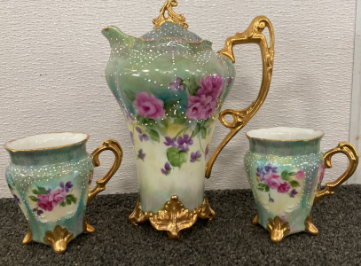 Antique Porcelain Pitcher With (2) Cups