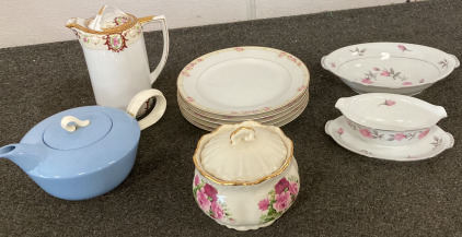 Noritaki Pitcher And Plates, Teapot, Serving Bowl, Gravy Boat, Blue Teapot