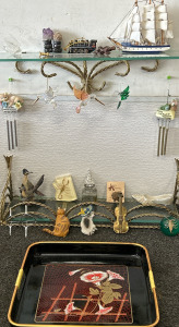 Decorative Metal & Glass Knick Knack Shelves (2) w/ Various Knick Knacks & Floral Pattern Tray