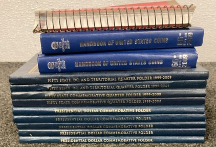 (5) Presidential Dollar Commemorative Folders, (4) Fifty State. DC.Territorial Quarter Folders, (2) Handbook Of United States Coins, (1) United States Coins 2008