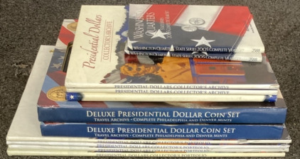(2)Deluxe Presidential Dollar Coin Set,(2) Presidential Dollar Collectors Archive, (4) Presidential Dollar Collectors Portfolio, (2) Washington Quarters State Series 2005 Complete Year Set,(1) The Official U.S Mint Deluxe Collectors Archive