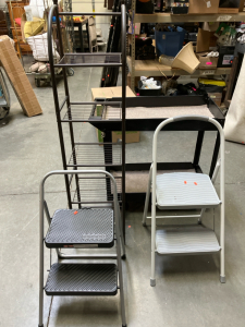 Rolling Cart, (2) Step Ladders, Wire Shelf