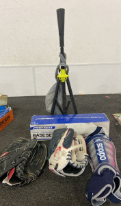 Adidas Shin Guards, Baseball Mitts, Wiffle Balls W/ Stand, Base Set