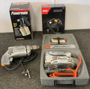 Black and Decker 2-Speed Jig Saw, Milwaukee Hole Shooter, Coleman Basic Spray Gun, and Skil 300 PSI Portablr Air Inflator