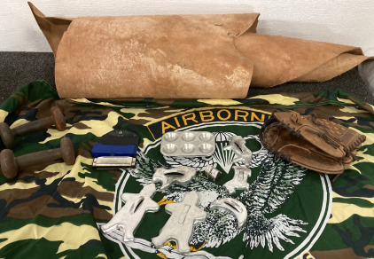 7 Foot Piece Of Untreated Leather, Military Flag, Vintage Tin Kitchen Items, Weights, Baseball Glove, Hohner Harmonica