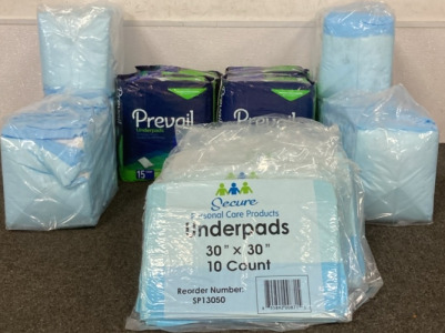 (4) Packs Of Prevail Underpads, (9) Packs Of Secure Underpads