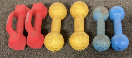 (2) Red 5lb Weights, (2) Yellow 8lb Weights, (2) Blue 5lb Weights.