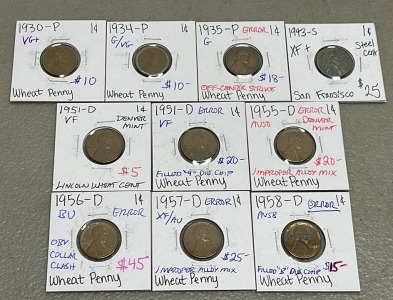 (10) Lincoln Wheat Pennies Dated 1930-1958