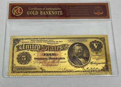 1901 Silver Certificate 5 Dollar 24K 99.9% Gold Foil Banknote with COA