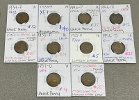 (10) Lincoln Wheat Pennies Dated 1934-1958